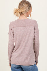 Beige Basic V-Neck Long Sleeve Brushed Knit Top