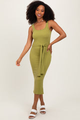 Lime Ribbed Front Tie Sleeveless Midi Dress