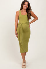 Lime Ribbed Front Tie Sleeveless Maternity Midi Dress