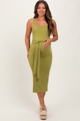 Lime Ribbed Front Tie Sleeveless Maternity Midi Dress