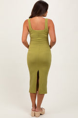 Lime Ribbed Front Tie Sleeveless Maternity Midi Dress