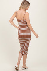 Mocha Striped Knit Twist Front Midi Dress