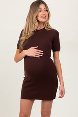 Brown Knit Short Sleeve Mini Maternity Dress