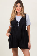 Black Deep V-Neck Pleated Front Tie Sleeveless Maternity Romper