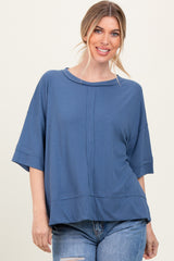 Blue Ribbed Boxy Fit Short Sleeve Top