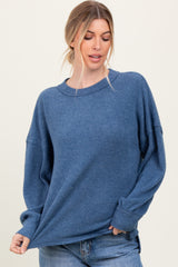 Blue Brushed Ribbed Knit Pullover