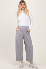 Grey Linen Frayed Hem Crop Pants