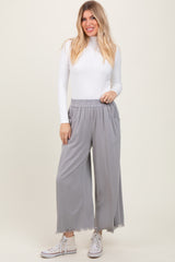 Grey Linen Frayed Hem Crop Pants