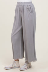 Grey Linen Frayed Hem Crop Pants