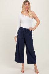 Navy Striped Drawstring Linen Blend Wide Leg Pants