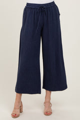 Navy Striped Drawstring Linen Blend Wide Leg Pants