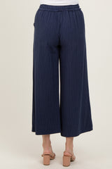 Navy Striped Drawstring Linen Blend Wide Leg Pants