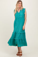 Green Ruffle Accent Tiered Front Tie Midi Dress