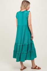 Green Ruffle Accent Tiered Front Tie Midi Dress