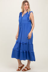 Blue Ruffle Accent Tiered Front Tie Midi Dress