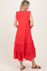 Red Ruffle Accent Tiered Front Tie Midi Dress