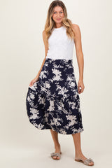 Navy Floral Smocked Waist Midi Skirt