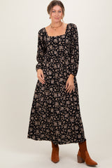 Black Floral Square Neck Long Sleeve Maxi Dress