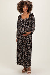 Black Floral Square Neck Long Sleeve Maternity Maxi Dress