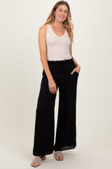 Black Ruffled Drawstring Waist Wide Leg Pants