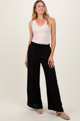 Black Ruffled Drawstring Waist Wide Leg Pants