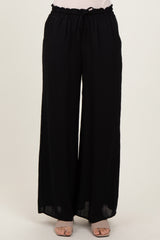 Black Ruffled Drawstring Waist Wide Leg Pants