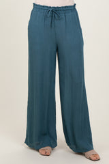 Blue Ruffled Drawstring Waist Wide Leg Pants