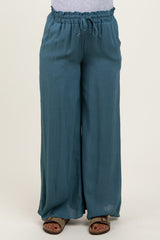 Blue Ruffled Drawstring Waist Wide Leg Maternity Pants