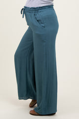 Blue Ruffled Drawstring Waist Wide Leg Maternity Pants