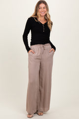 Beige Ruffled Drawstring Waist Wide Leg Maternity Pants