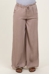 Beige Ruffled Drawstring Waist Wide Leg Maternity Pants