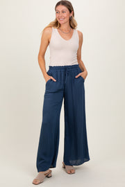 Navy Ruffled Drawstring Waist Wide Leg Pants