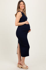 Navy Sleeveless Ribbed Maternity Maxi Dress