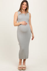 Light Olive Sleeveless Ribbed Maternity Maxi Dress