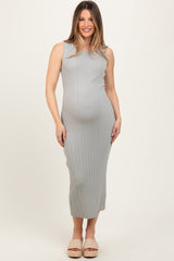 Light Olive Sleeveless Ribbed Maternity Maxi Dress