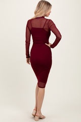 Burgundy Mesh Overlay Long Sleeve Midi Dress