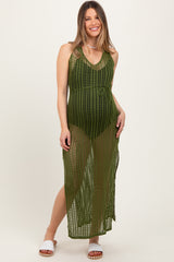 Olive Crochet V-Neck Side Slit Maternity Cover Up