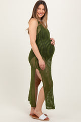 Olive Crochet V-Neck Side Slit Maternity Cover Up