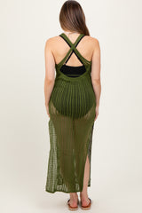 Olive Crochet V-Neck Side Slit Maternity Cover Up