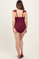 Burgundy Rib Ruffle V Neck Side Tie Knot Maternity Swimsuit