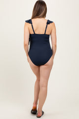 Navy Rib Ruffle V Neck Side Tie Knot Maternity Swimsuit