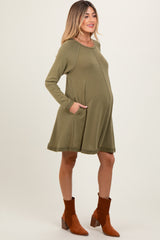 Olive Crew Neck Flared Fit Long Sleeve Maternity Mini Dress