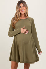 Olive Crew Neck Flared Fit Long Sleeve Maternity Mini Dress