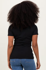 Black Solid Ribbed Short Sleeve V-Neck Basic Top