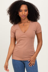 Mocha Solid Ribbed Short Sleeve V-Neck Basic Top