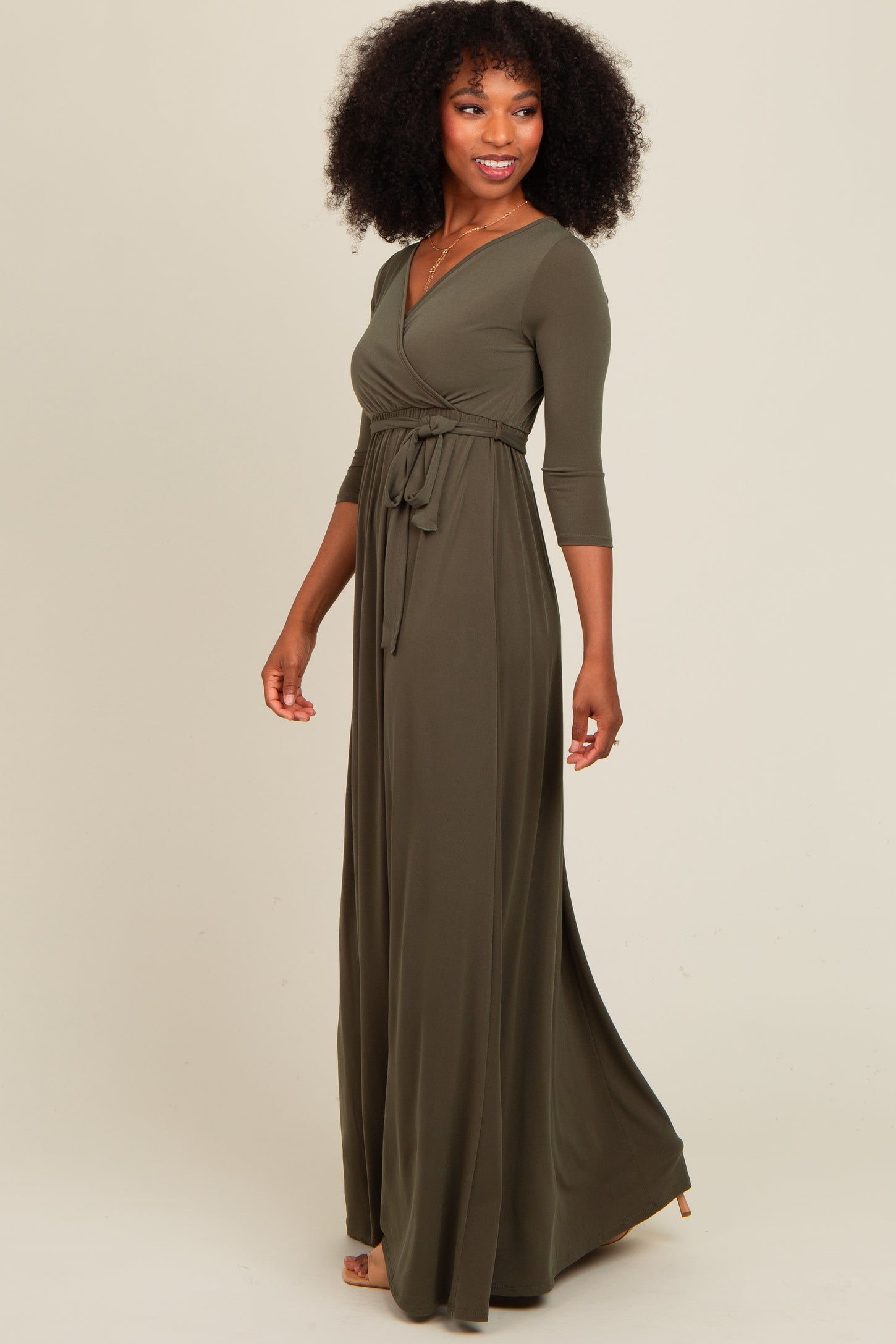 PinkBlush Olive Green Draped 3 4 Sleeve Maxi Dress