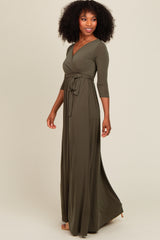 PinkBlush Olive Green Draped 3/4 Sleeve Maxi Dress