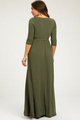 PinkBlush Olive Green Draped 3/4 Sleeve Maternity Maxi Dress