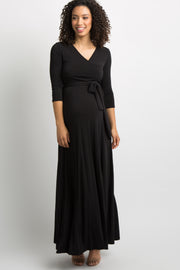 Black Solid Sash Tie Maternity Maxi Dress