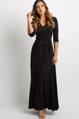 Black Solid Sash Tie Maternity Maxi Dress